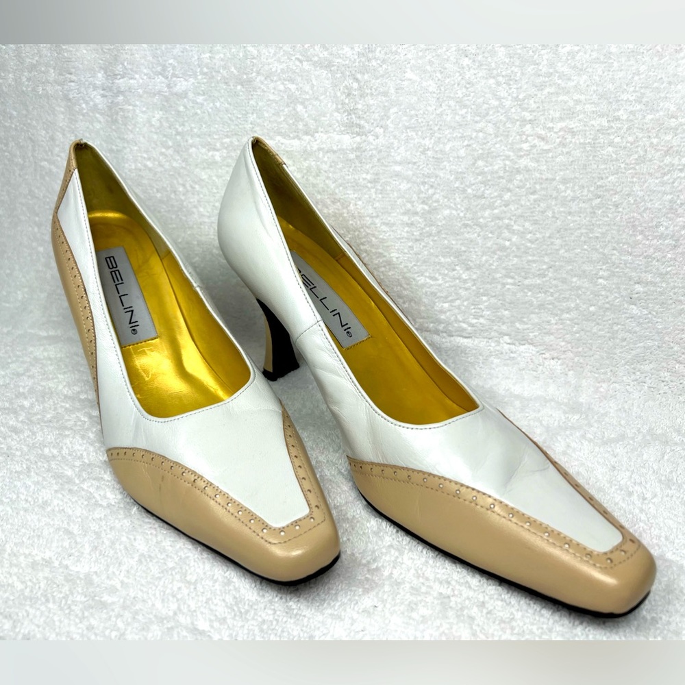 BELLINI, color block tan & white 3 inch heels